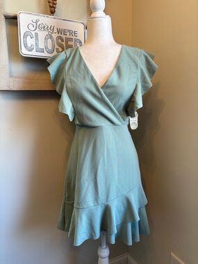 Altar'd State Wrap Front Flutter Sleeve Ruffle Hem Mini Dress Sage NWT